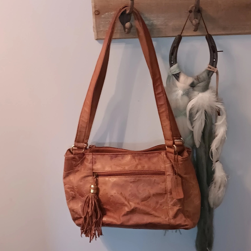 ST. Johns Bay Brown Leather Shoulder Bag with Tassel Details Pockets Zipper